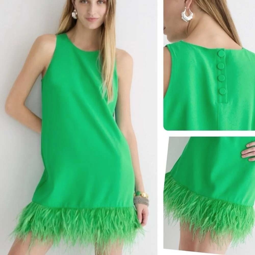 NWT J. Crew Collection Crepe Feather Trim Sleeveless Shift Dress Size L Green